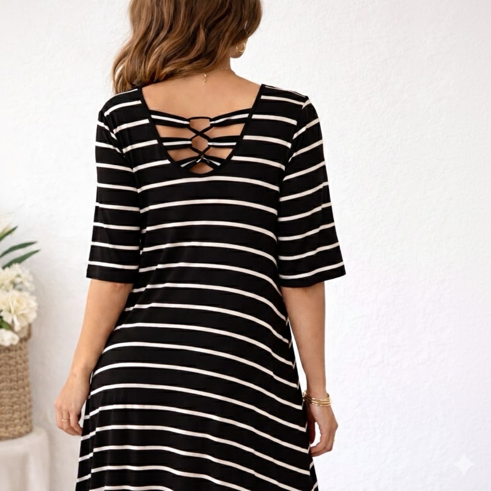French Laundry Striped Lattice Back T-Shirt Mini Dress Short Sleeve Size XL EUC